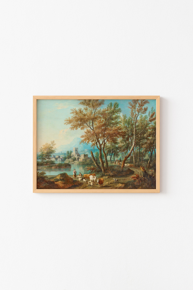 Shepherd Girl and Garda Lake Landscape - Wooden Patterned Frame