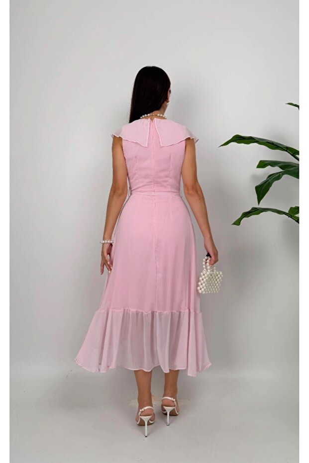 ŞİFON ELBİSE PEMBE - 5