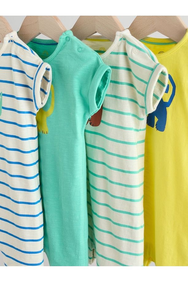 % 100 Pamuklu Mavi Yeşil Dinozor Desenli 4'lü Romper Set - 3