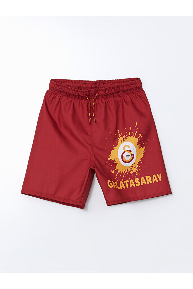 Red Uv Protection Printed Boys' Swim Shorts with Elastic Waistband