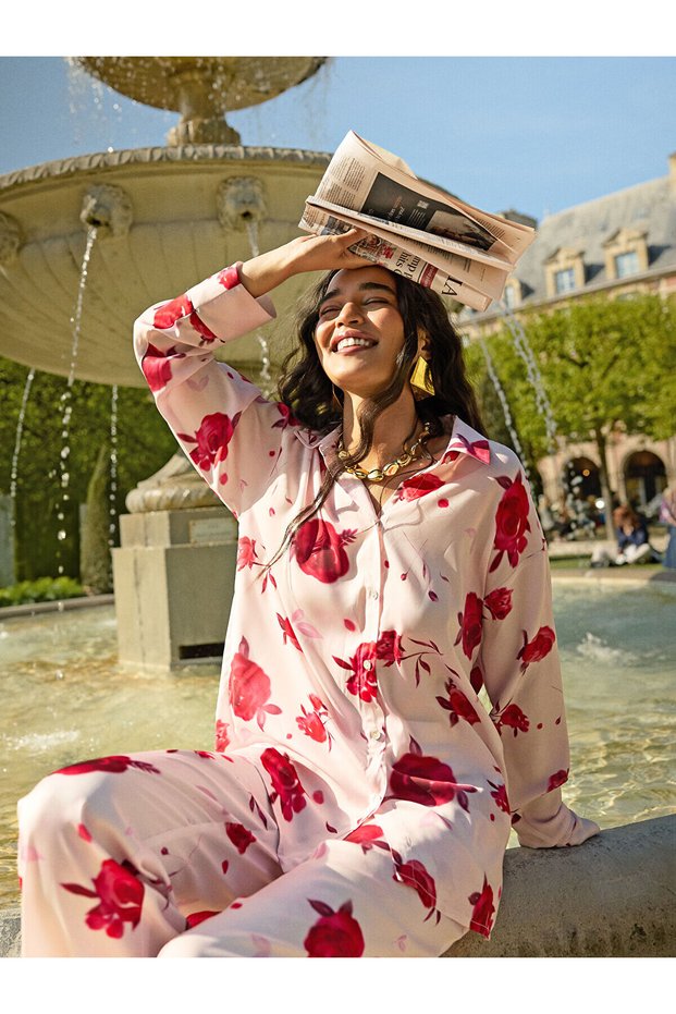 Shirt Collar Floral Women's Pajamas Set