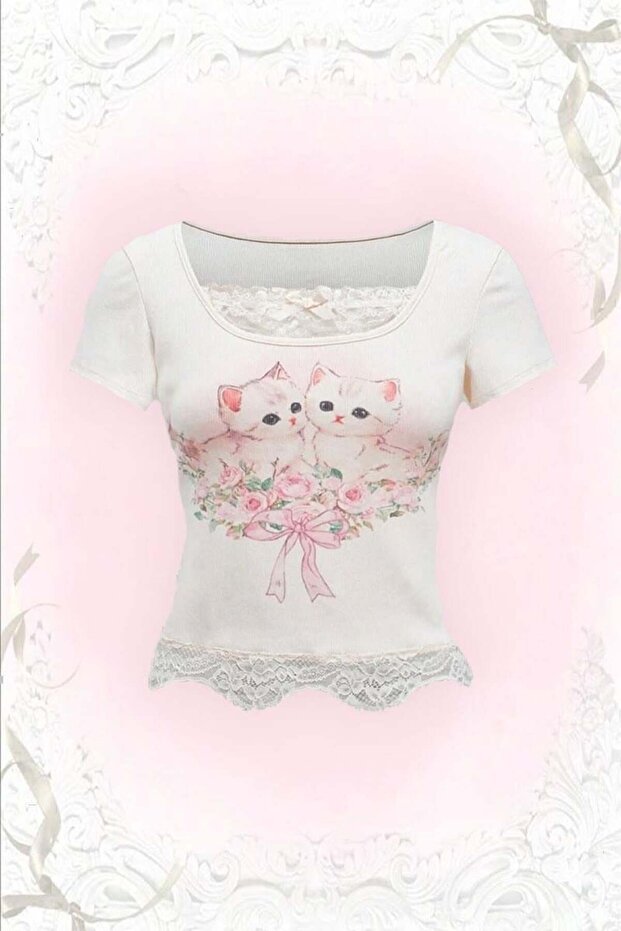 Kawaii Cats Dantelli Beyaz Basic Body - 1