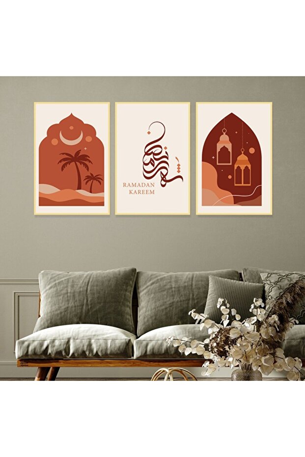 Three Islamic Ramadan design canvas panels with a hollow gold frame