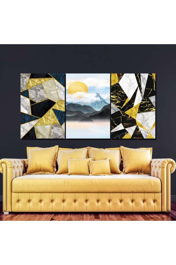 Three luxurious modern canvas paintings with a hollow silver frame