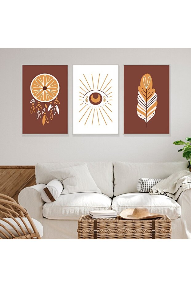 Three Bohemian Art Canvas Paintings with Hollow Silver Frame