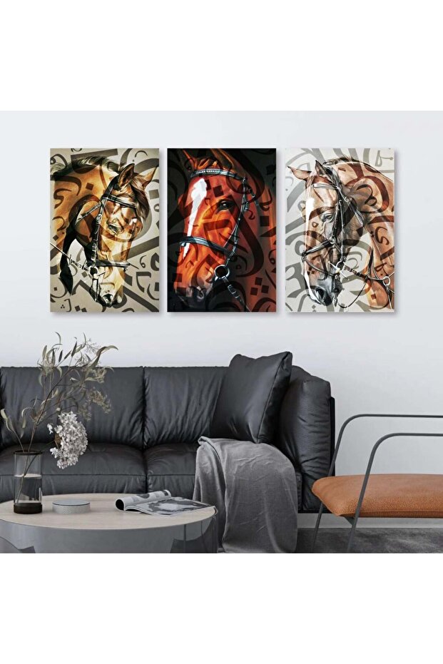 Three horse canvas paintings with a hollow silver frame