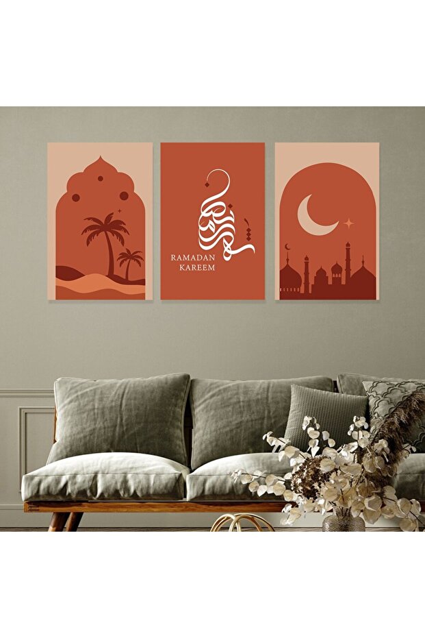 ثلاث لوحات قماشية بتصميم اسلامي لشهر رمضان مع برواز خشبي مخفي