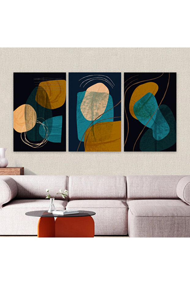 Three luxurious modern canvas paintings with a hollow silver frame
