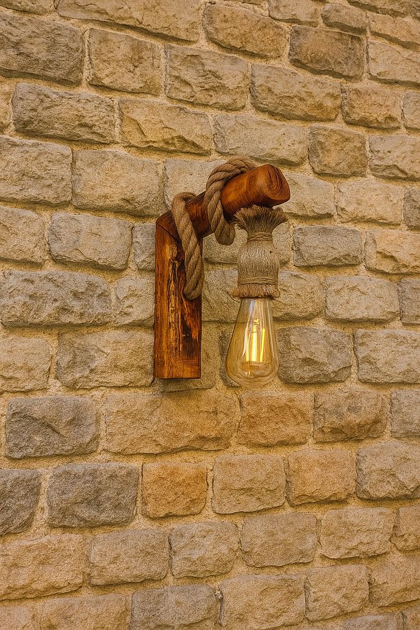 Halat Detaylı Ahşap Duvar Lambası – Retro Rustik Aplik Kafe Ev Balkon Ofis Aydınlatma. - 1
