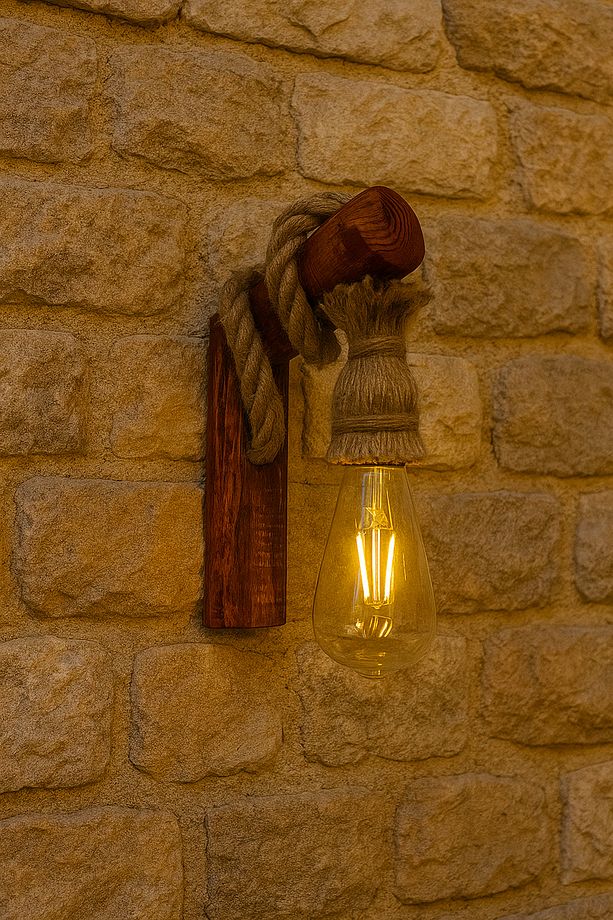Halat Detaylı Ahşap Duvar Lambası – Retro Rustik Aplik Kafe Ev Balkon Ofis Aydınlatma. - 3
