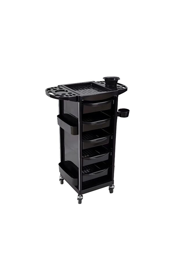 Professional Plastic Salon Trolley with 5 Drawers & Tool Organizer – Black
