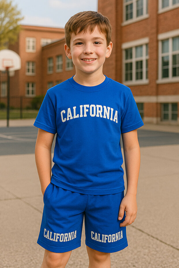 Boy's Cobalt Blue California Printed Children's Shorts Suit 6 - 15 Years