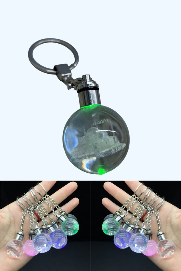Istanbul Themed 3D Lighted Crystal Glass Globe Keychain with Rgb Sultanahmet Hagia Sophia Galata Option