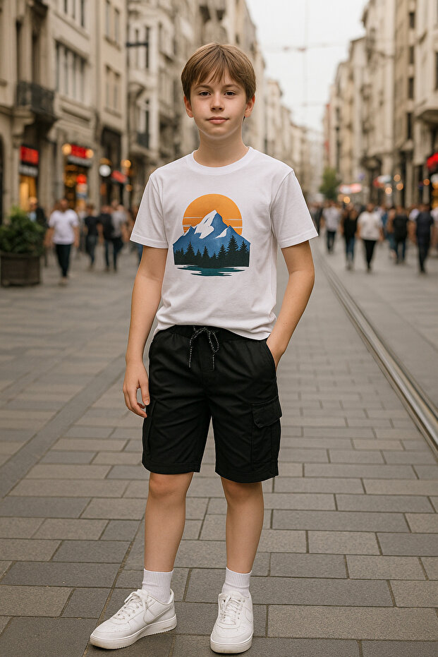 Boys Printed Top White T-Shirt Cargo Pocket Black Shorts Set 6 - 15 Years