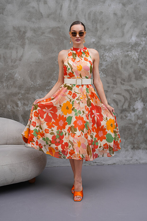 Halter Yaka Çiçekli Elbise - 4