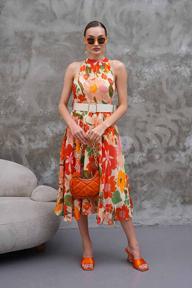 Halter Yaka Çiçekli Elbise - 8