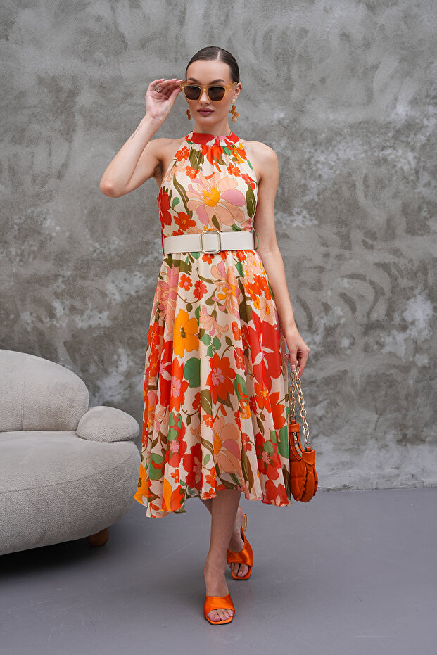 Halter Yaka Çiçekli Elbise - 3