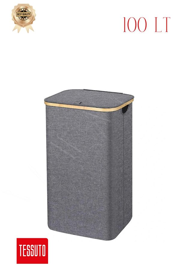 EcoFold Modern Katlanabilir Çamaşır Sepeti 100 LT| Şık Kapaklı & File Torbalı Kirli Sepeti - 2
