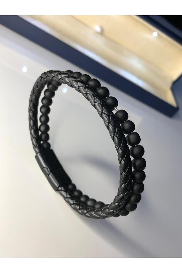 Steel bracelet - onyx natural stone braided men's leather bracelet • in illuminated box