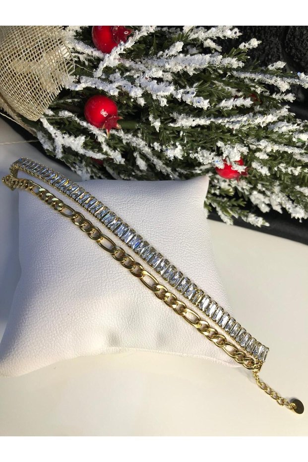 Baguette Waterway Figaro Chain Detailed White Zirconia Stone Steel Bracelet for Lover, Wife, Mother