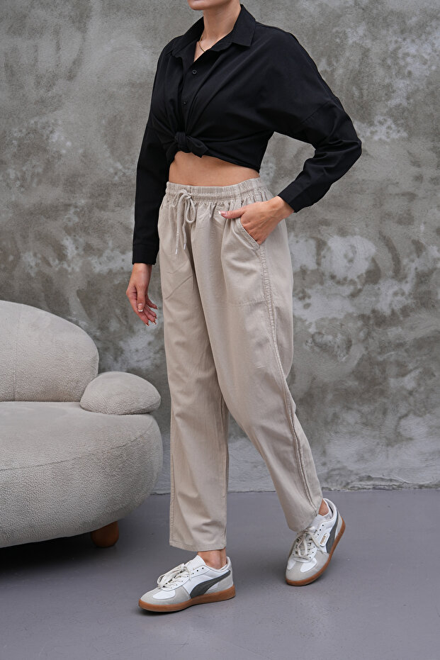 Beige Women's Cotton Linen Blend Comfortable Fit Pants