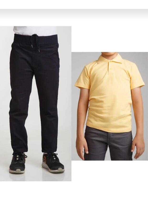 Children's Black Linen (Elastic Waist) Trousers Yellow Short Sleeve School Lakos