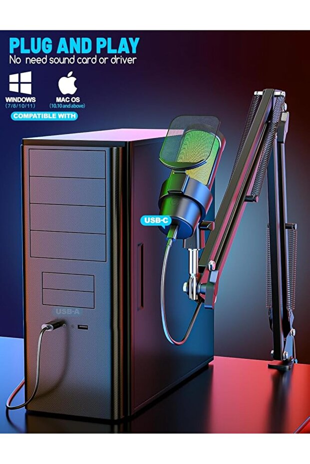 Kayıt Mikrofonu Profesyonel RGB USB Mikrofon Seti Podcast Yayın Stüdyo,İnfluencer Mikrofon - 7