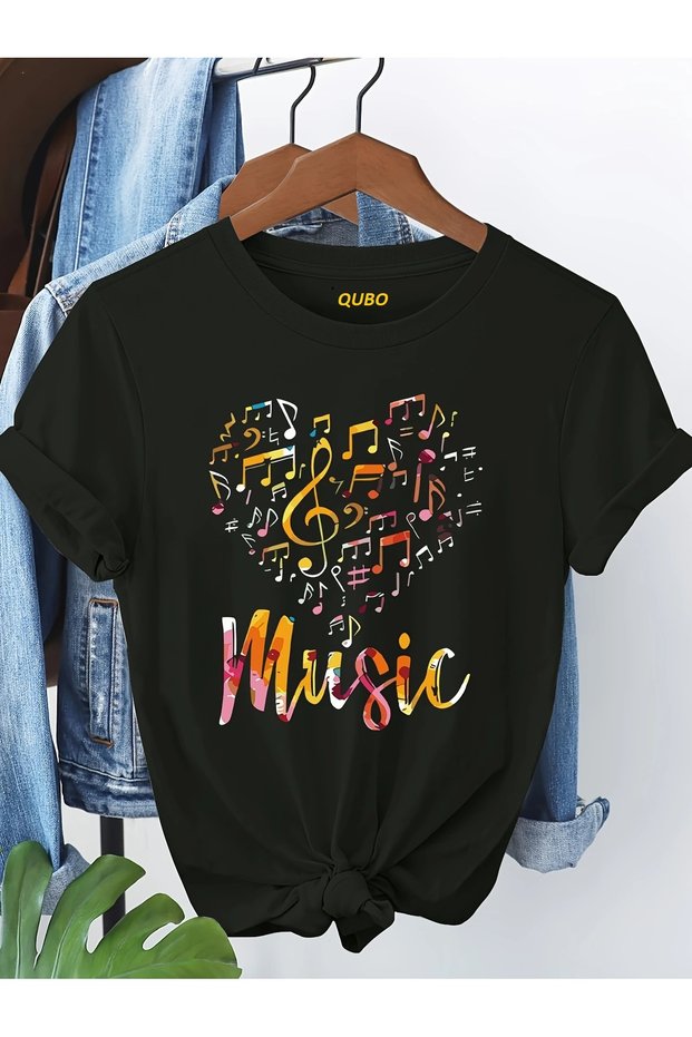 Qubo Unisex Oversize Printed Cotton Crew Neck Short Sleeve Black T-Shirt