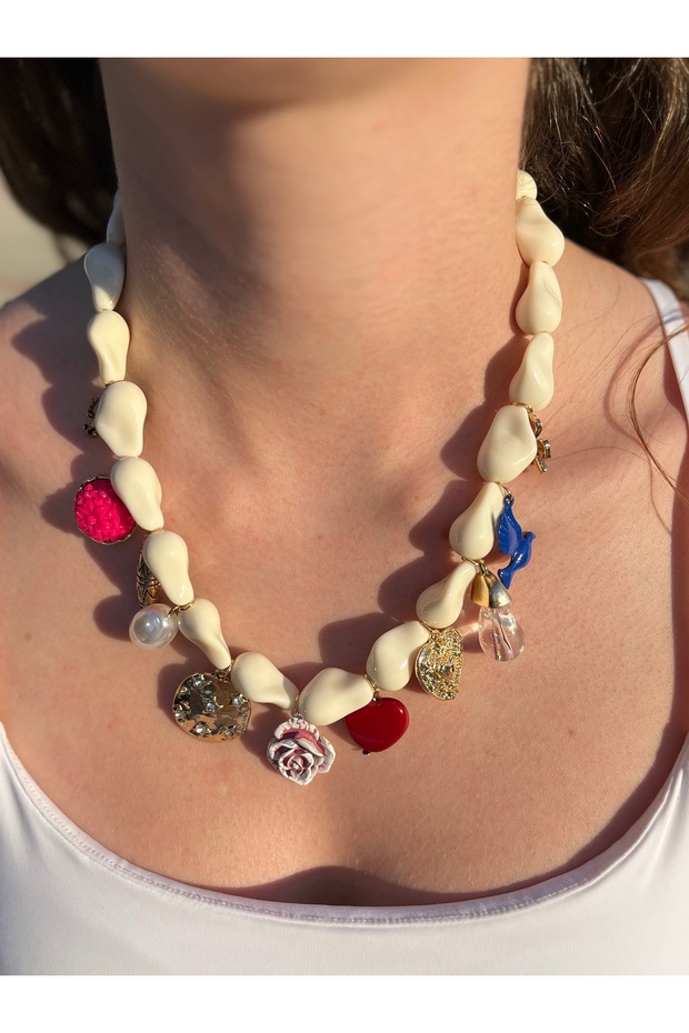 White Bead Charm Necklace