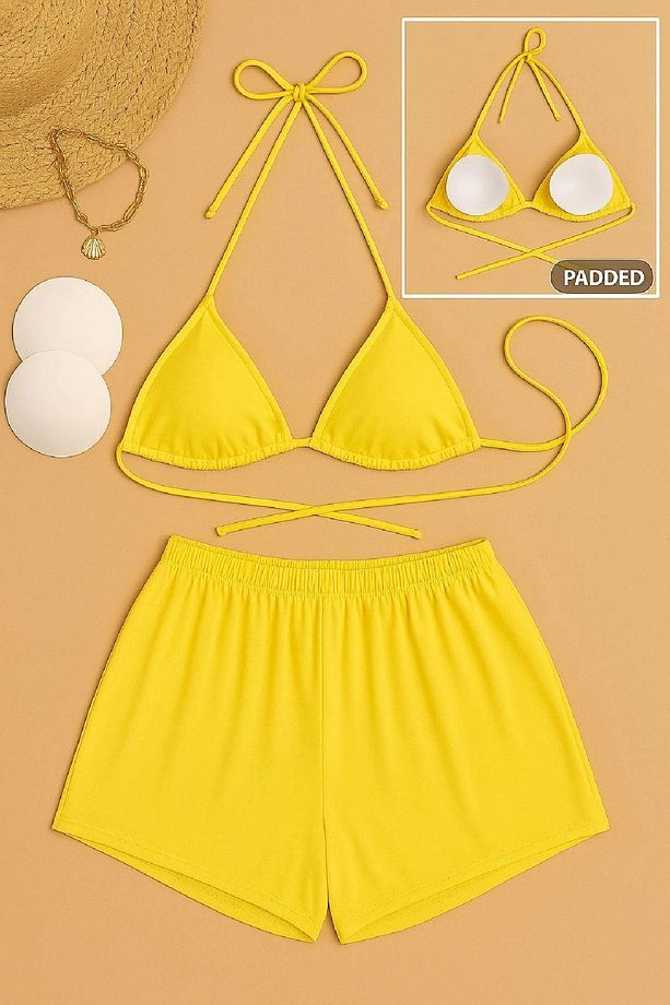 Kadın Sarı Şortlu Belden ve Boyundan Bağlamalı Bikini Takımı - 3