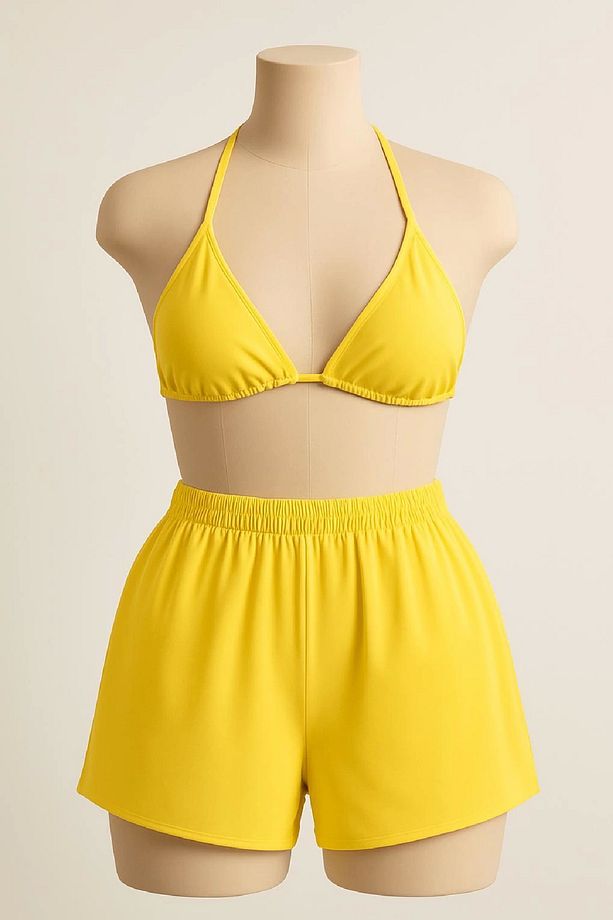 Kadın Sarı Şortlu Belden ve Boyundan Bağlamalı Bikini Takımı - 1