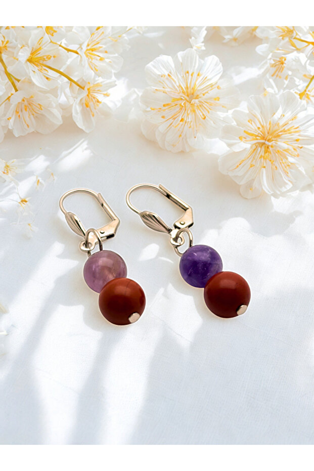 Silver Color Handmade Women Earrings with Amethyst & Jasper Stone Dangle, Purple Red Double Color Earrings
