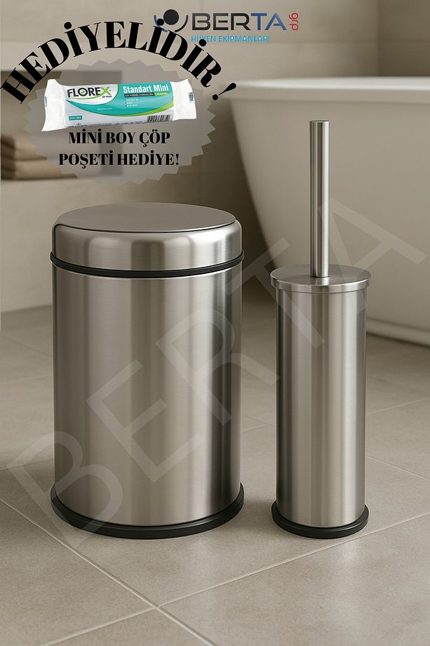 Metal Pratik Kapak Çöp Kovası 8Lt Ve Tuvalet Fırçası Banyo Seti - Mini Boy Çöp Poşeti Hediyelidir - 1