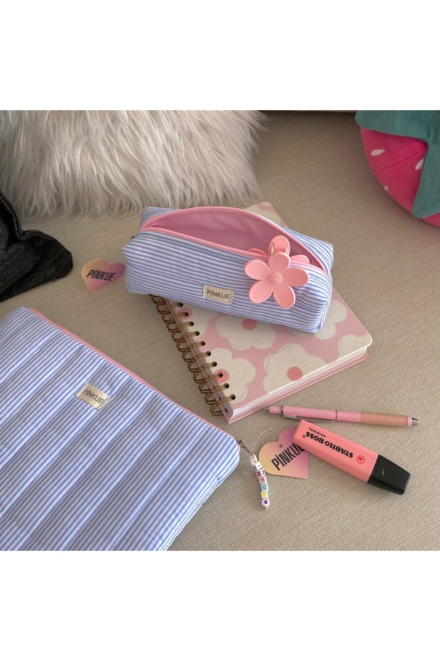 Pinkue Set of Two – Striped Blue & Pink (11 Inch Tablet Bag + Pen Holder)