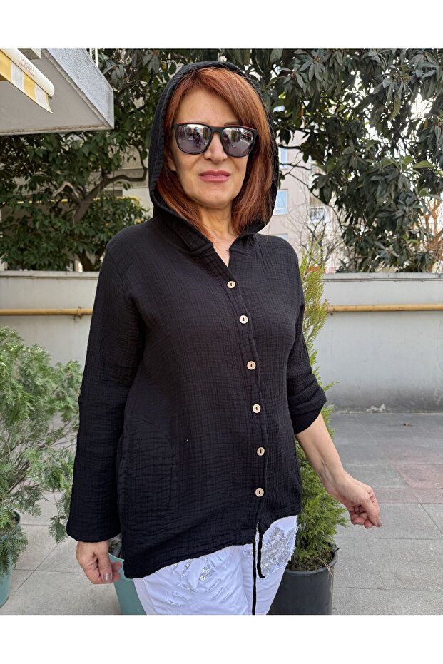 Müslin Kapüşonlu Gömlek Siyah - 2