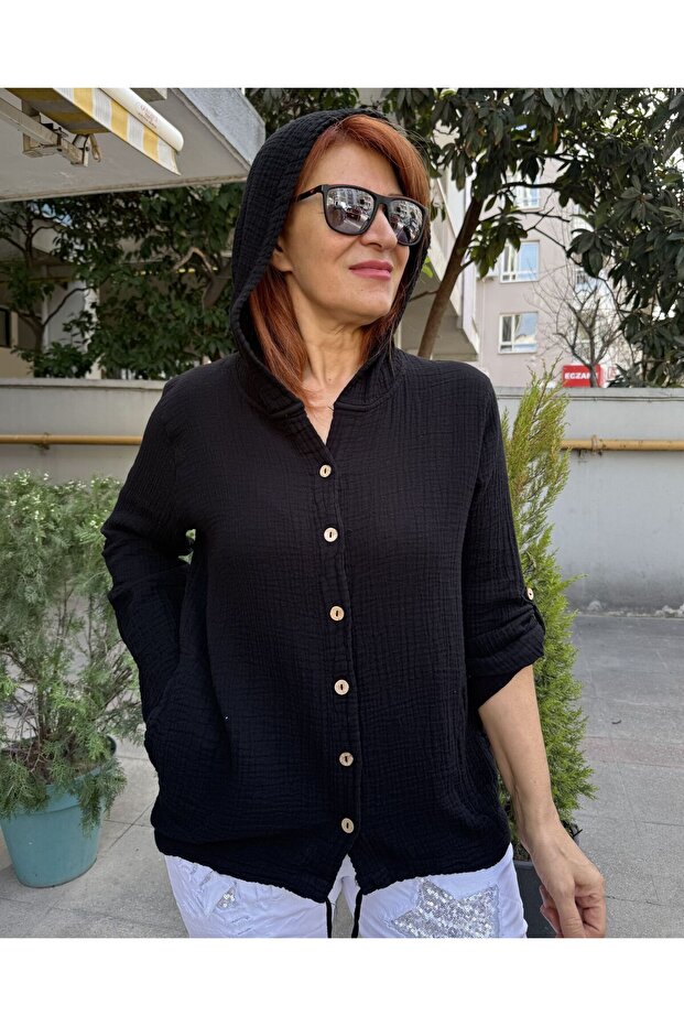 Müslin Kapüşonlu Gömlek Siyah - 1