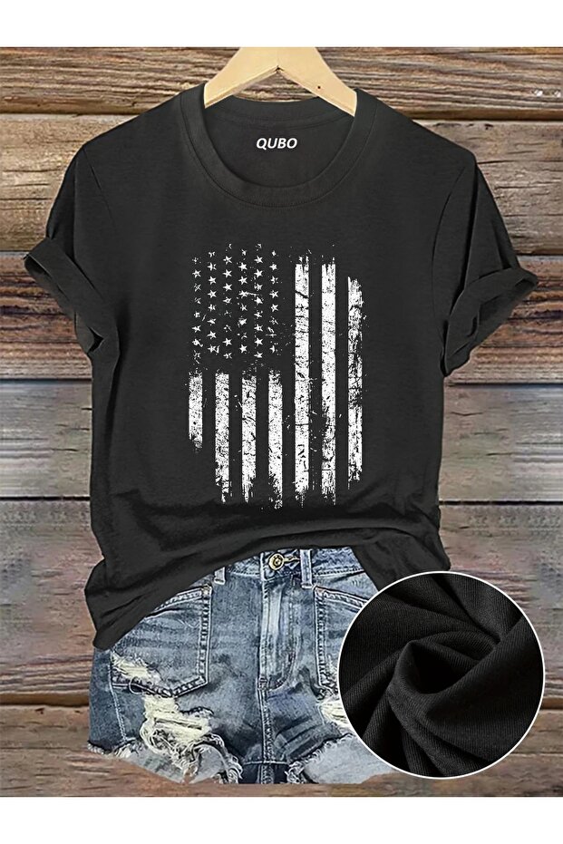 Qubo Unisex Oversize Printed Cotton Crew Neck Short Sleeve Black T-Shirt