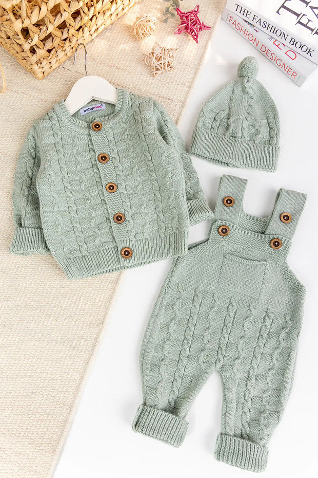 Knitwear Cardigan 3-Piece Adjustable Strap Knitted Baby Boy Salopet Jumpsuit Set