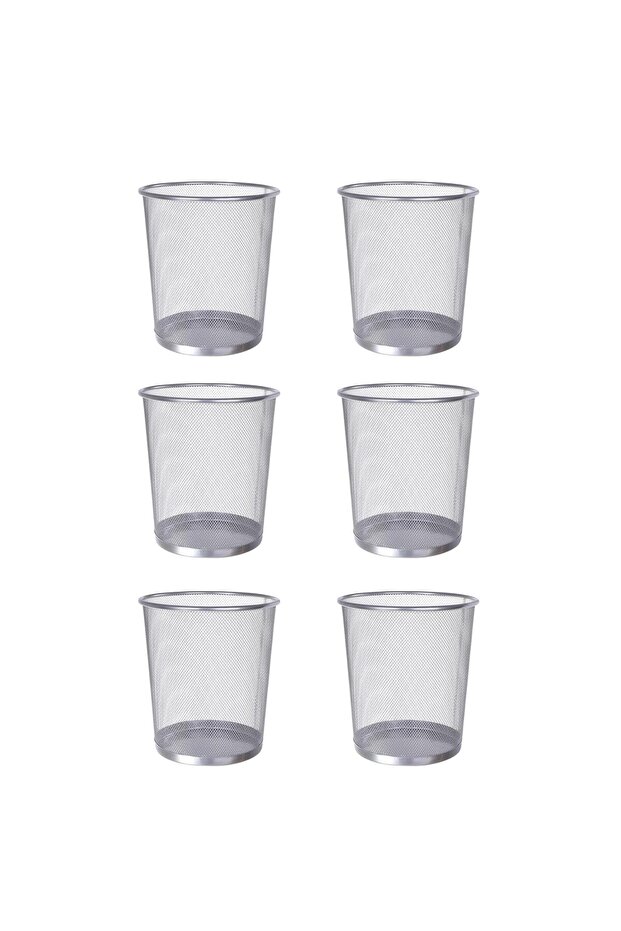 Set Of 6 Mesh Wastebasket Trash Can – Silver & Black Steel Round Bin For Office, Home, Bathroom