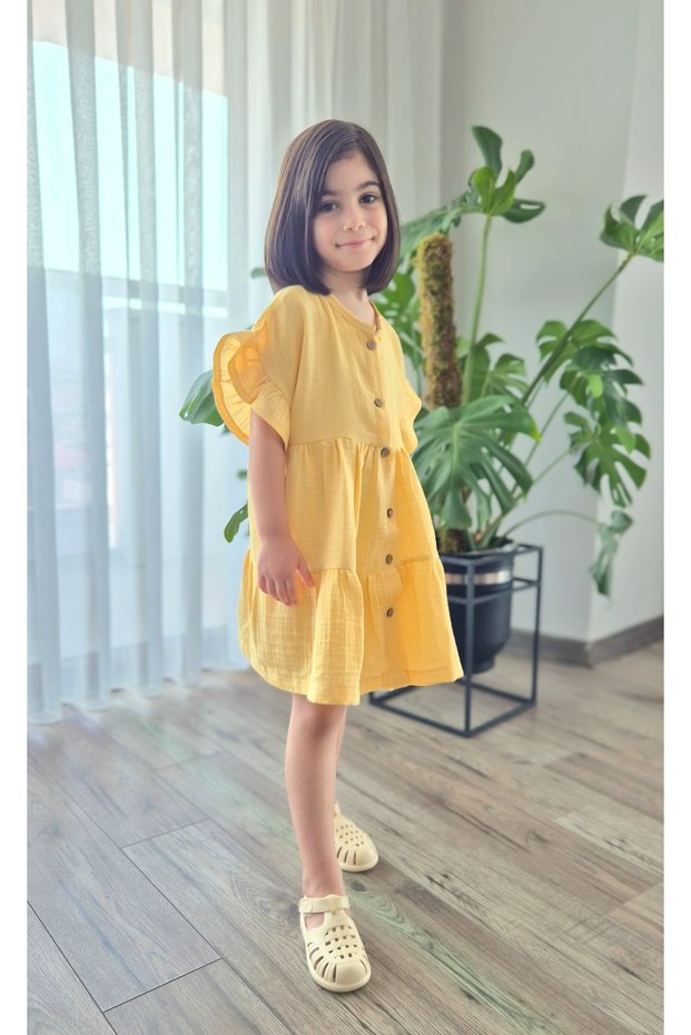 Natural Double Layer Muslin Girl's Summer Ruffle Sleeve Dress (Mtyk0062)