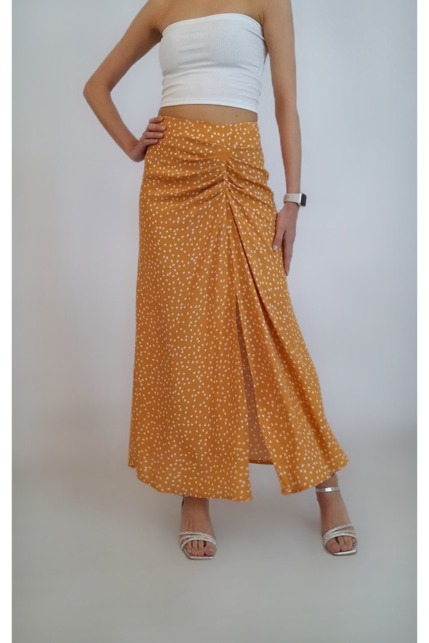 Women's Mustard Yellow Heart Patterned Asymmetric Slit Viscosse Skirt Yy101232