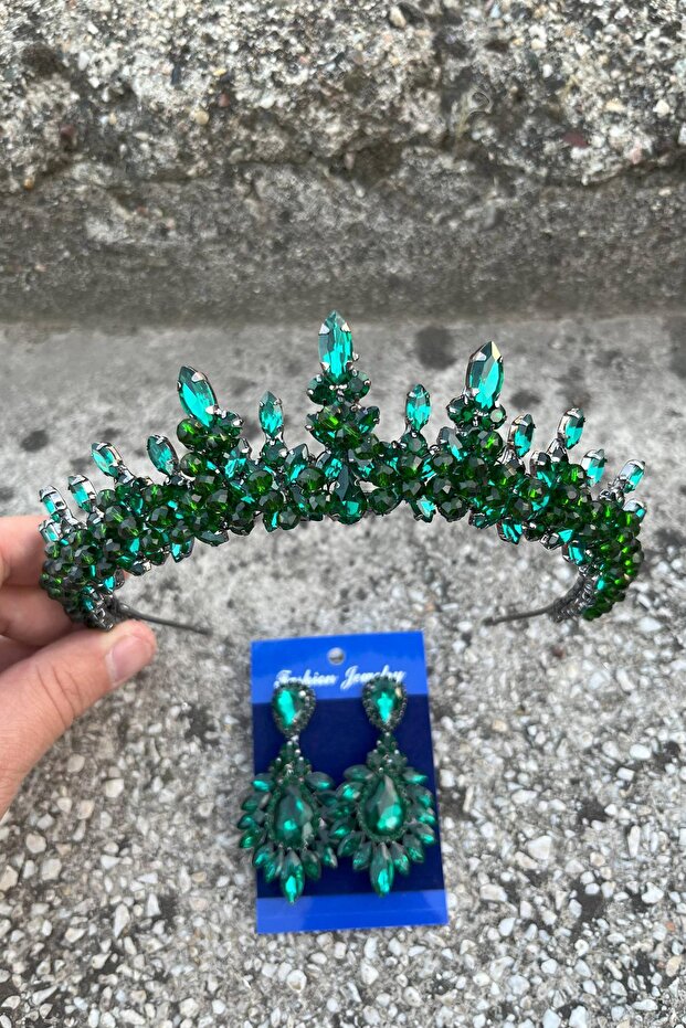 Thalia Crown Wide Shuttle Earrings Set Green – Sparkling Evening Dress Accessory with Stones for Bridal Henna Wedding