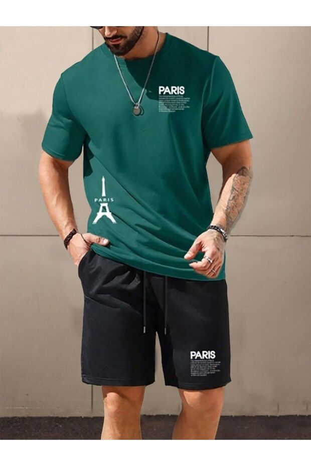 Paris Written Men's Shorts Suit – Modern Style with Green Black Combination