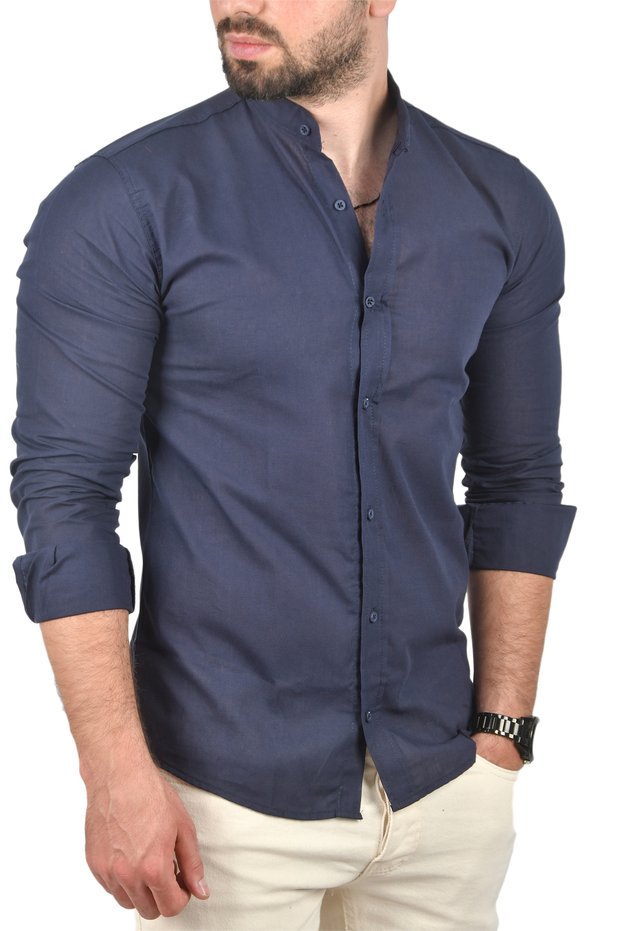 Men's Navy Blue Stripe Patterned Judge Collar Flared Linen Long Sleeve Shirt 2201895