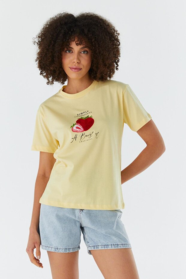 Strawberry Embroidered T-Shirt Yellow
