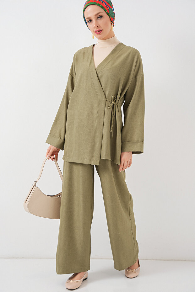 Women's Double Breasted Collar Kimono Bottom Top Set 6743 - Khaki
