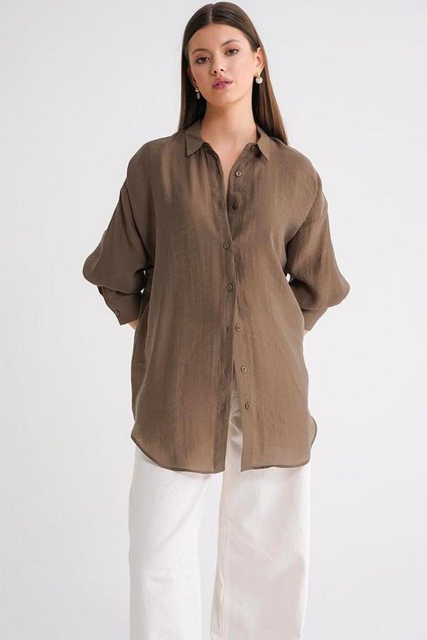 4667 Kadın İnce Oversize Modal Gömlek Kahve - 3