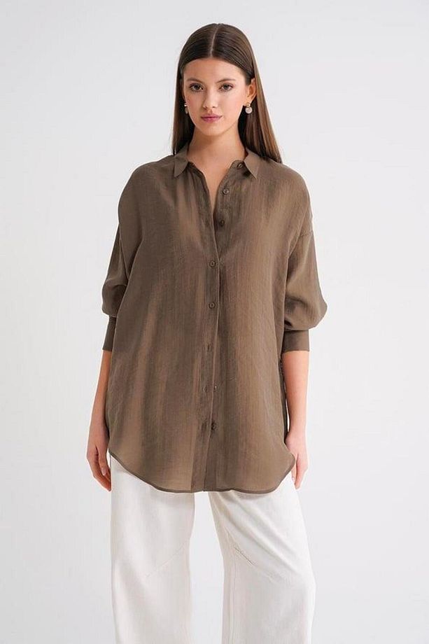4667 Kadın İnce Oversize Modal Gömlek Kahve - 4