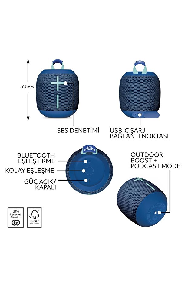 WONDERBOOM 4 Taşınabilir Su Geçirmez Bluetooth Hoparlör, Büyük Bas ve 360 Derece Ses - - 5