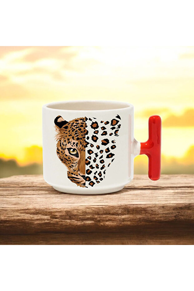 كوب سيراميك مطبوع بمقبض على شكل حرف T باللون الأحمر مع تصميم نمر ونمر 250 مل - 2